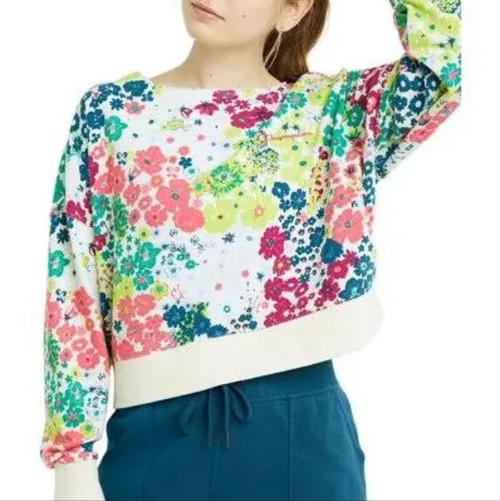Champion Cropped Long Sleeve Sweater with Neon Floral Design – Size Small